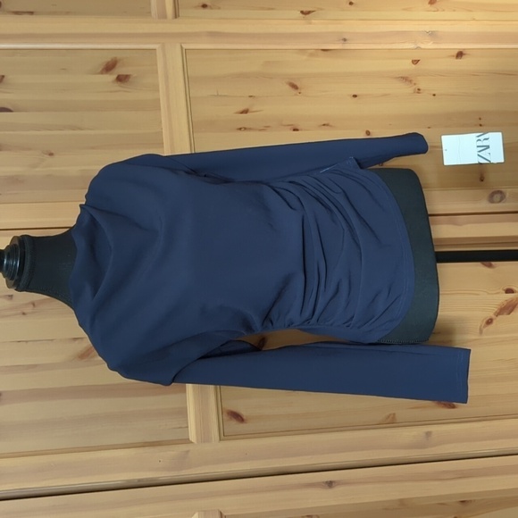 NWT - Small Zara Ruched Navy  Long sleeved Top - Picture 1 of 10